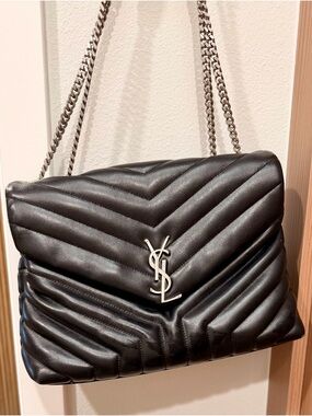 Saint Laurent Black Quilted Chevron Leather Shoulder Bag with Silver Hardware